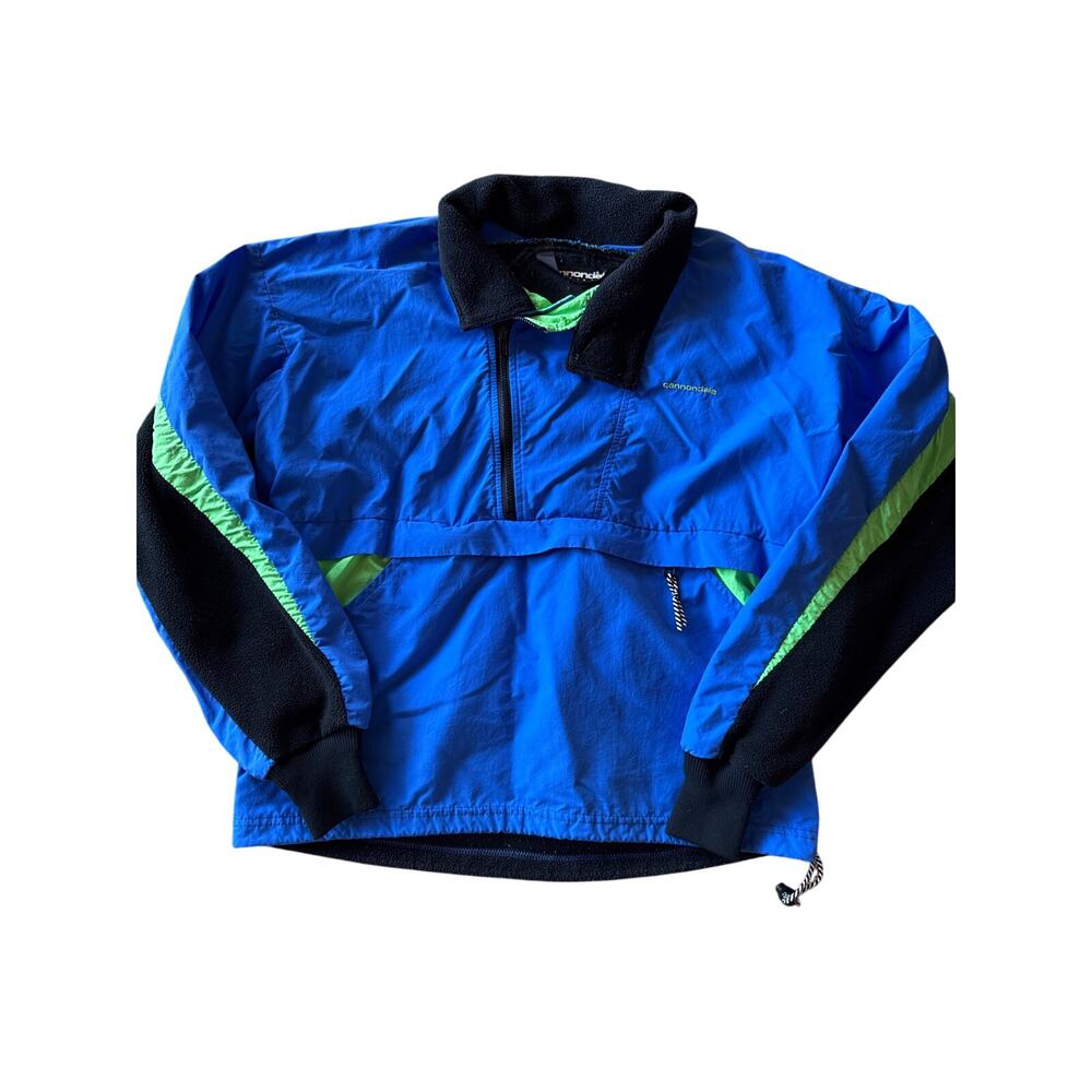 Vtg Cannondale USA Made Black Fleece Blue Neon Green Nylon M 1/4 Zip Pullover